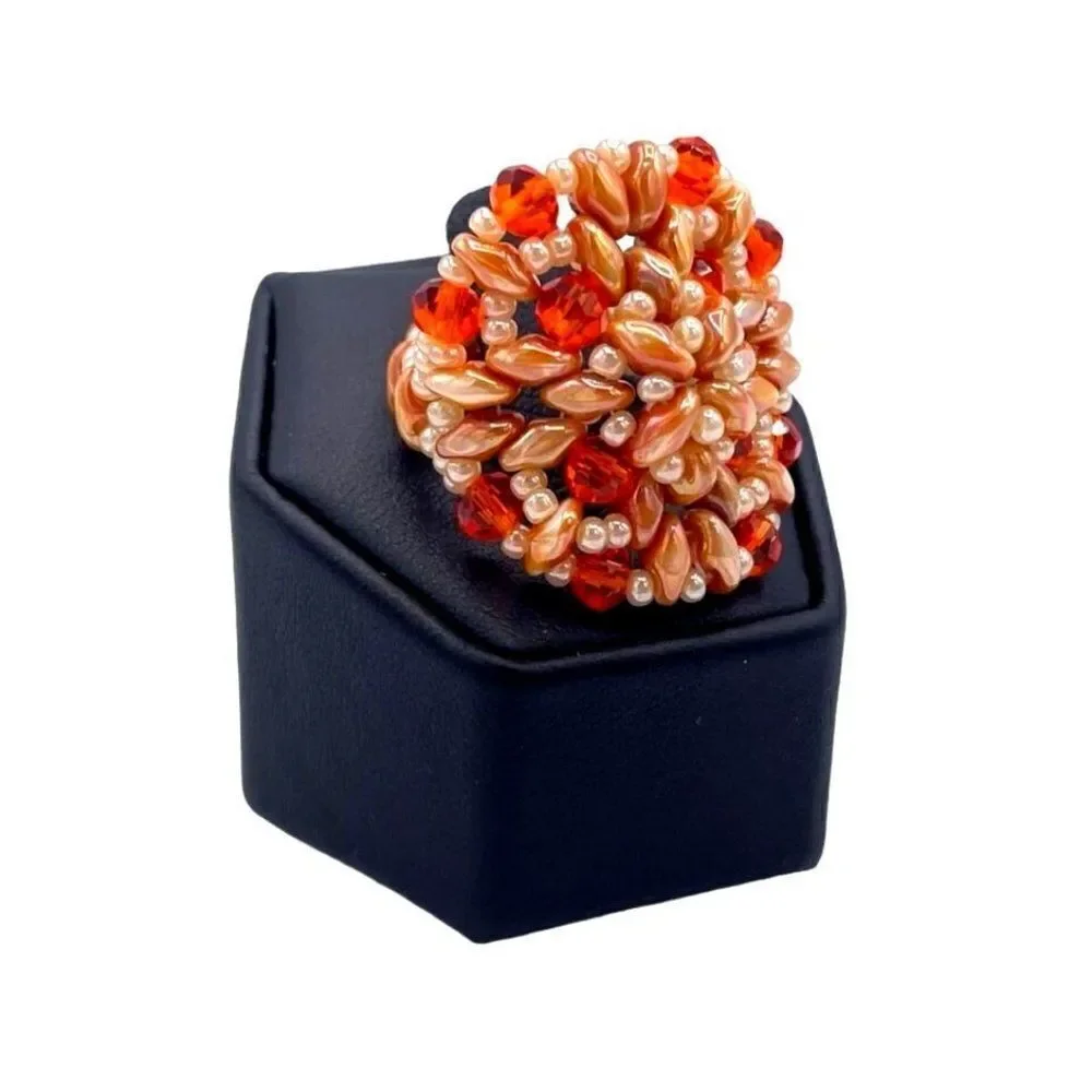 Caramel Brown and Orange Crystal Beaded Statement Ring Size 7